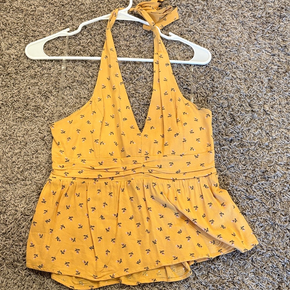 Yellow Floral Sleeveless Halter Top